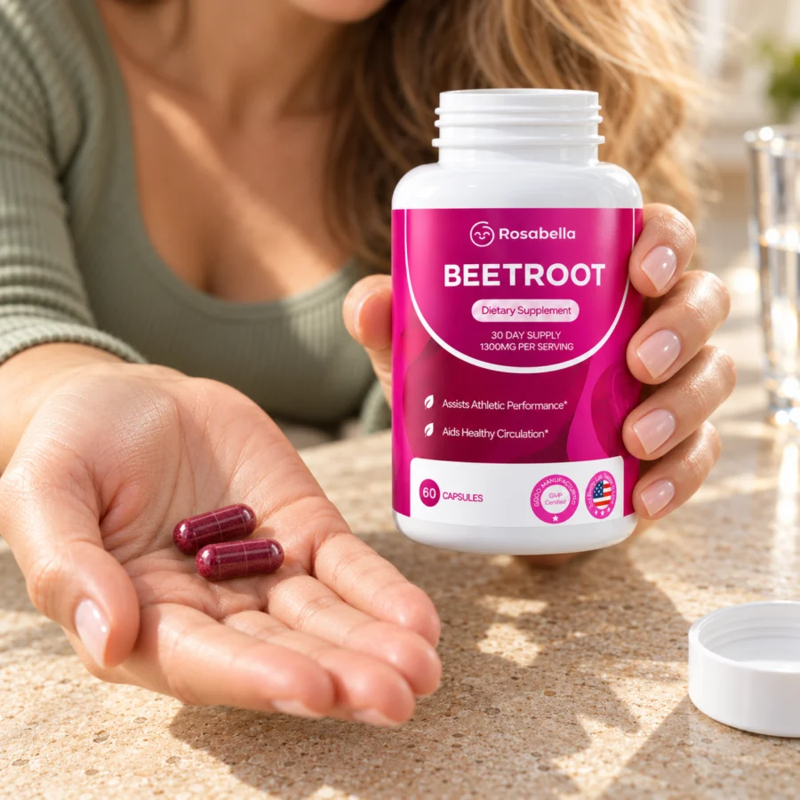Two beetroot capsules in an open palm beside the Rosabella bottle