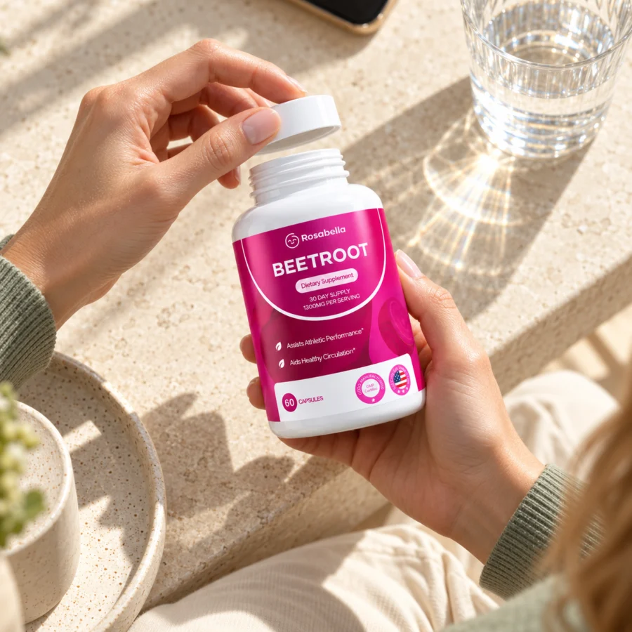 Opening the Rosabella Beetroot bottle next to a glass of water